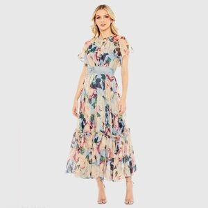 MAC DUGGAL Multicolor Floral Chiffon High Neck Flutter Sleeve Dress Size 8 $598